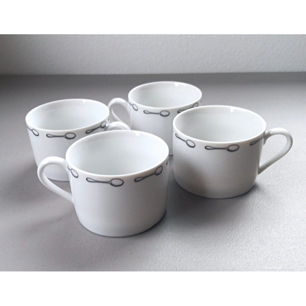 4 Pier 1 Porcelain Coffee‎ Mugs Cups 8 oz Espresso White with Spoon Circle VTG